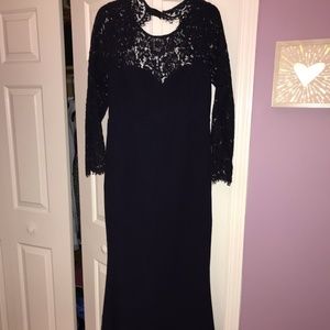 Navy blue lace, open back formal dress